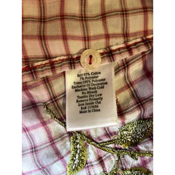 3J Workshop by Johnny Was Red Plaid Button Down Shirt/Embroidered Floral Roses - Picture 7 of 9